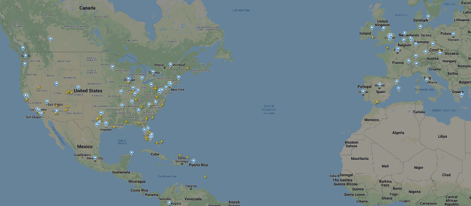 פריסת מטוסי חברת Flexjet בעולם