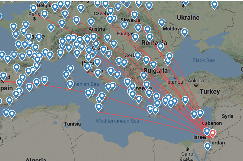 מפת הקוים שמפעילה חברת Ryanair בין ירדן ומדינות אירופה