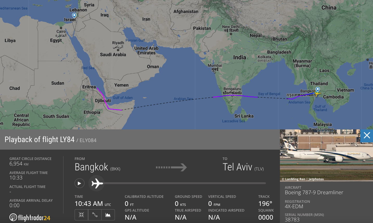 טיסת LY84 מבנגקוק לתל אביב במסלול הארוך