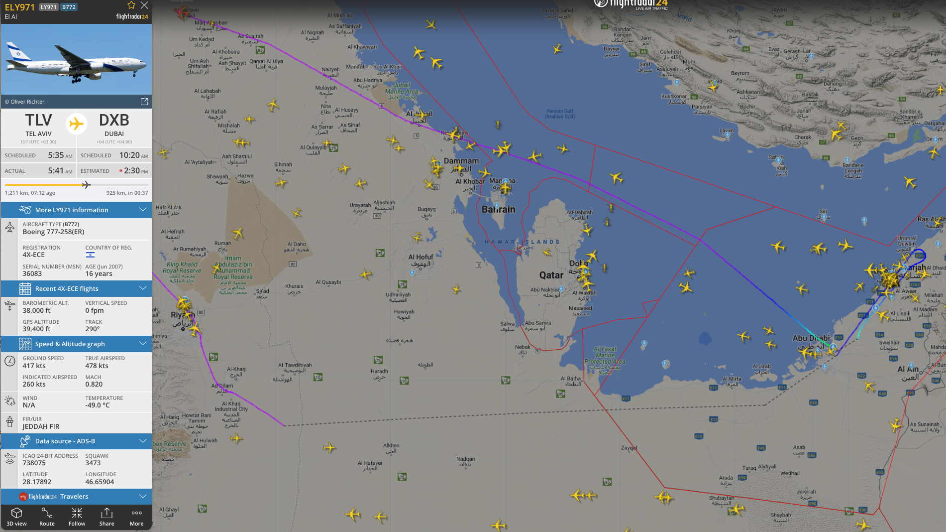 מסלול טיסה LY971 היום מתל אביב לדובאי